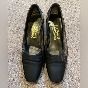 Vintage Ferragamo black satin block heels